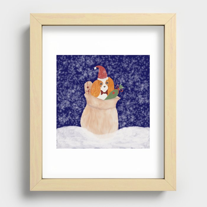 Snowy Santa Cavalier King Charles Spaniel bringing Christmas presents Recessed Framed Print