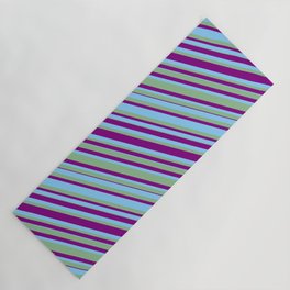 [ Thumbnail: Purple, Light Sky Blue & Dark Sea Green Colored Lined/Striped Pattern Yoga Mat ]