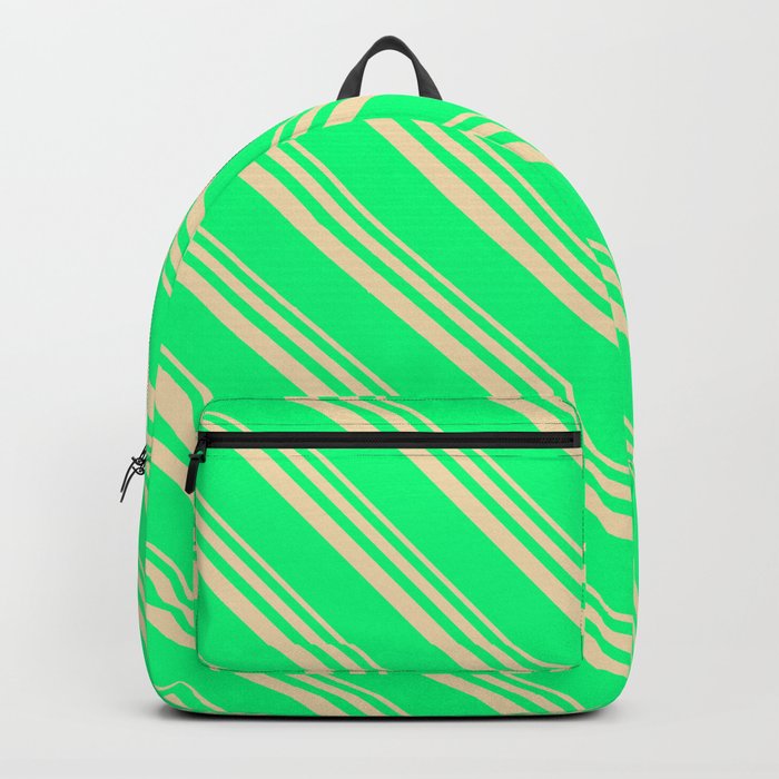 Tan & Green Colored Striped Pattern Backpack