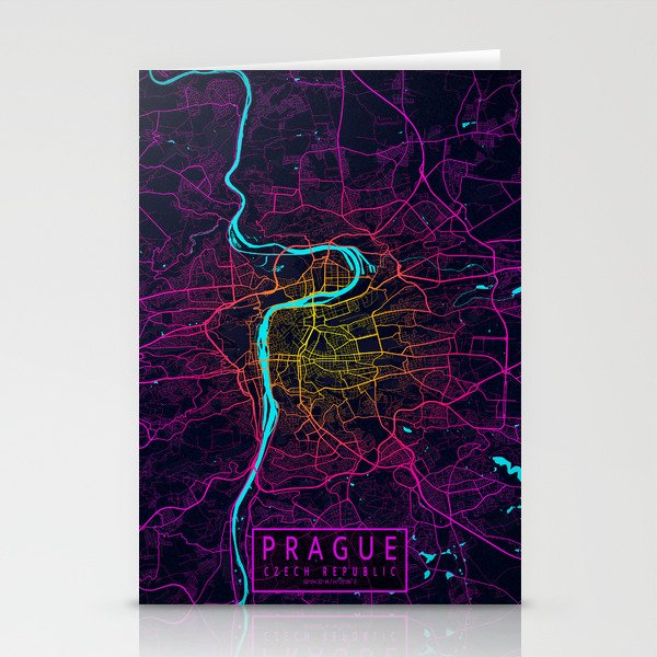 Prague City Map of Czech Republic - Neon Stationery Cards