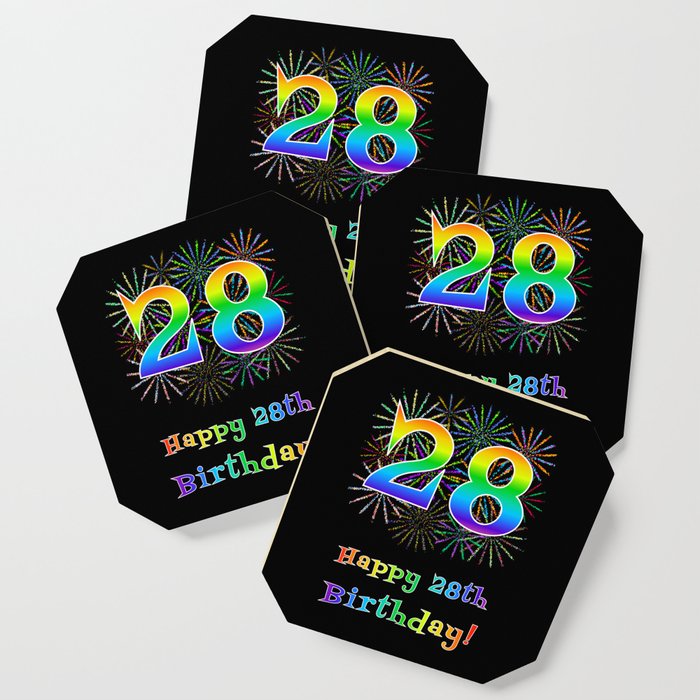 28th Birthday - Fun Rainbow Spectrum Gradient Pattern Text, Bursting Fireworks Inspired Background Coaster