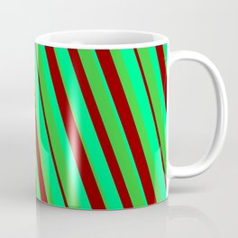 [ Thumbnail: Green, Lime Green & Dark Red Colored Stripes/Lines Pattern Coffee Mug ]
