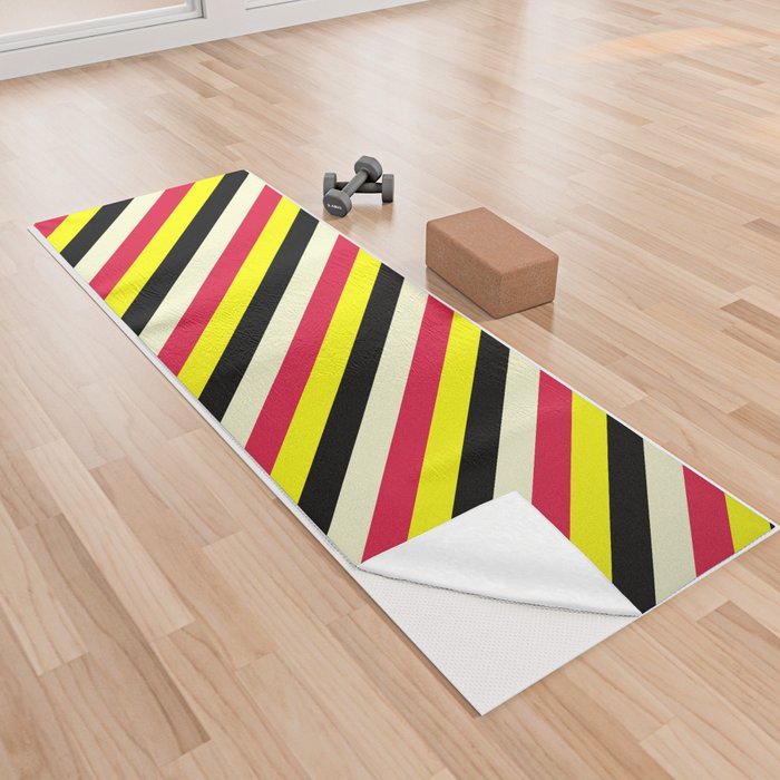Yellow, Crimson, Light Yellow & Black Colored Stripes/Lines Pattern Yoga Towel
