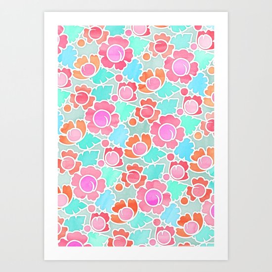 Pastel Tropical Floral Pattern Design with watercolor texture Art Print