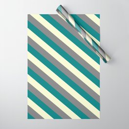[ Thumbnail: Light Yellow, Gray & Teal Colored Lined/Striped Pattern Wrapping Paper ]