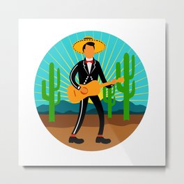 Mexican Mariachi in Desert Circle Retro Metal Print | Icon, Guitar, Hat, Saguaro, Male, Cactus, Man, Carnegieagigantea, Music, Retro 