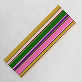 [ Thumbnail: Eyecatching Goldenrod, Dark Green, Hot Pink, Bisque & Indigo Colored Striped/Lined Pattern Yoga Mat ]