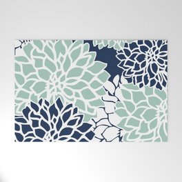 Flower Blooms, Navy Blue and Teal Welcome Mat