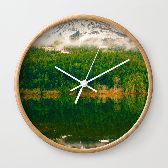 Reflective Mountain Lake With Trees Forest Wall Clock