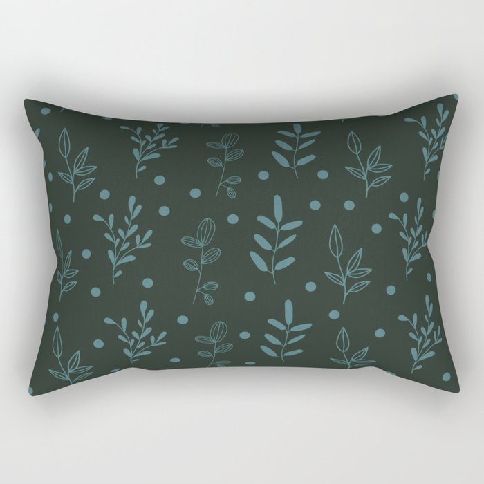 Blue Floral Print On Black Background Pattern Rectangular Pillow