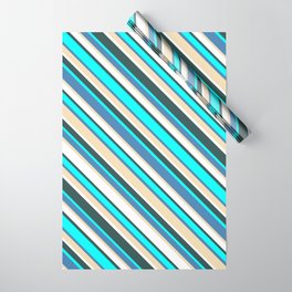[ Thumbnail: Eye-catching Blue, Tan, White, Dark Slate Gray, and Cyan Colored Lined/Striped Pattern Wrapping Paper ]