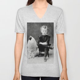 Smoking Boy with Chicken black and white photograph - photography - photographs V Neck T Shirt