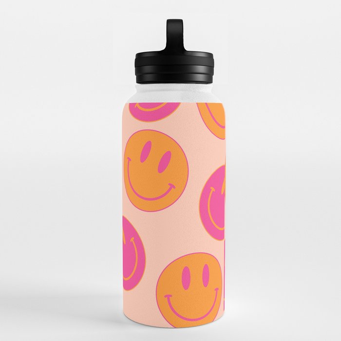 Large Pink and Orange Groovy Smiley Face Pattern - Retro Aesthetic Water  Bottle