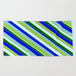 [ Thumbnail: Eye-catching Green, Light Cyan, Dark Green, Blue & Sky Blue Colored Lines/Stripes Pattern Beach Towel ]