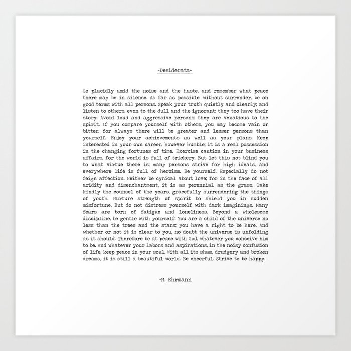 Desiderata by Max Ehrmann minimal typographical quote art print Art Print