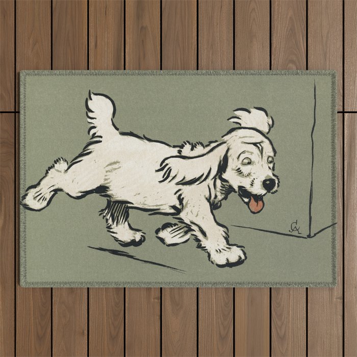 The White Puppy Book by Cecil Aldin (1910), a white dog ‘Rags’ running emotionally distressed Outdoor Rug