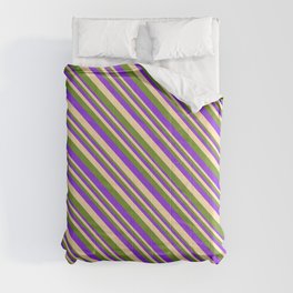 [ Thumbnail: Purple, Tan, and Green Colored Lines Pattern Comforter ]