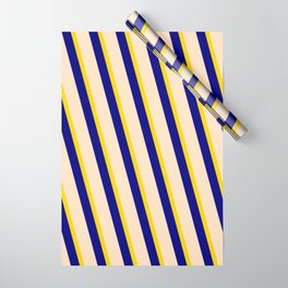 [ Thumbnail: Yellow, Blue, and Bisque Colored Stripes Pattern Wrapping Paper ]