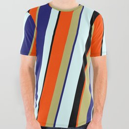 [ Thumbnail: Colorful Dark Khaki, Midnight Blue, Light Cyan, Black & Red Colored Lined/Striped Pattern All Over Graphic Tee ]