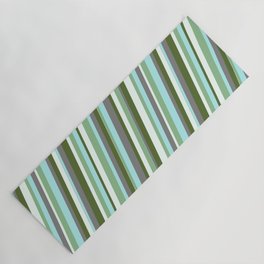[ Thumbnail: Vibrant Dark Olive Green, Mint Cream, Dark Sea Green, Turquoise & Grey Colored Stripes Pattern Yoga Mat ]