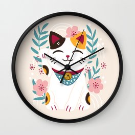 Japanese Lucky Cat with Cherry Blossoms Wall Clock