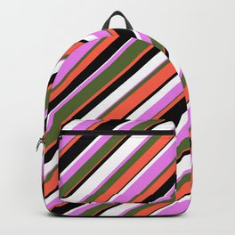 [ Thumbnail: Eyecatching Violet, Dark Olive Green, Red, Black, and White Colored Striped Pattern Backpack ]