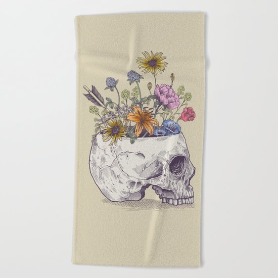 Half Skull Flowers Beach Towel