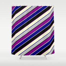 [ Thumbnail: Eye-catching Blue, Grey, Black, Purple & Light Yellow Colored Lined Pattern Shower Curtain ]