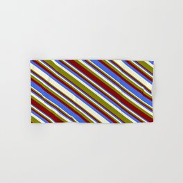 [ Thumbnail: Green, Maroon, Royal Blue, and Beige Colored Stripes/Lines Pattern Hand & Bath Towel ]