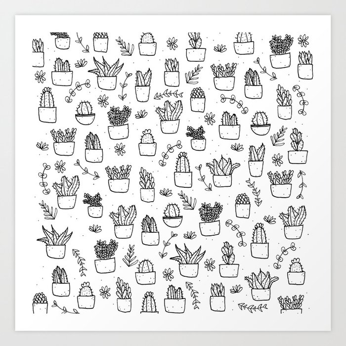 Potted Plants Pattern (Black on White) Art Print by Laurel Mae | Society6