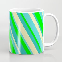 [ Thumbnail: Lime, Light Sea Green, Pale Goldenrod & Turquoise Colored Stripes/Lines Pattern Coffee Mug ]