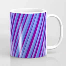 [ Thumbnail: Cornflower Blue, Royal Blue & Purple Colored Pattern of Stripes Coffee Mug ]
