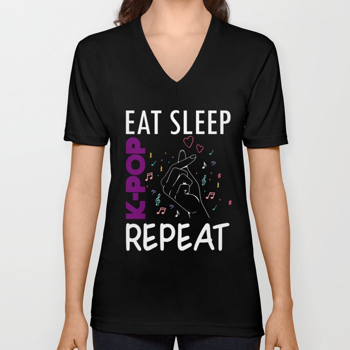 Eat Sleep K-Pop Repeat Gift Music Lover K-pop Hand Symbol Heart V Neck T Shirt