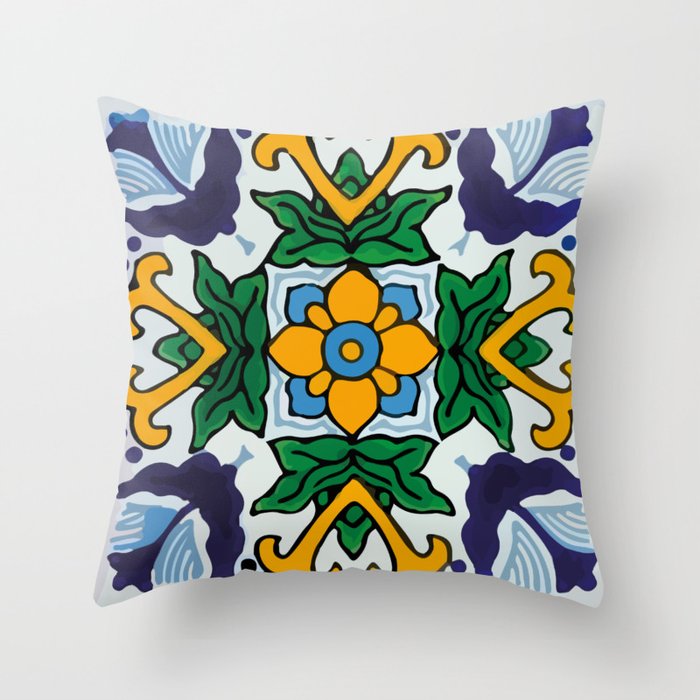 Floral baby blue mexican tile retro pattern Throw Pillow