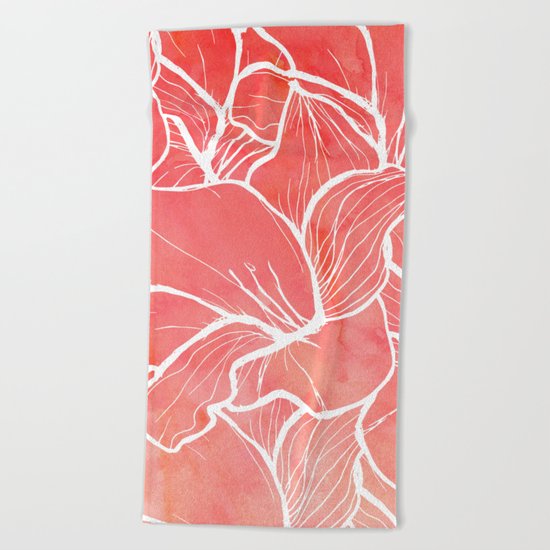 Modern white handdrawn flowers coral watercolor pattern Beach Towel
