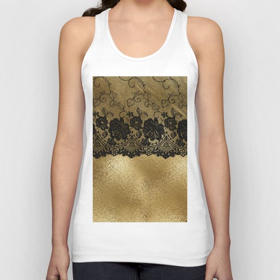 Black luxury lace on gold glitter effect metal- Elegant design on #Society6 Unisex Tank Top