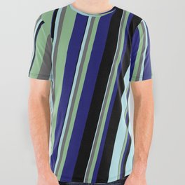 [ Thumbnail: Powder Blue, Dim Gray, Dark Sea Green, Midnight Blue, and Black Colored Lines/Stripes Pattern All Over Graphic Tee ]