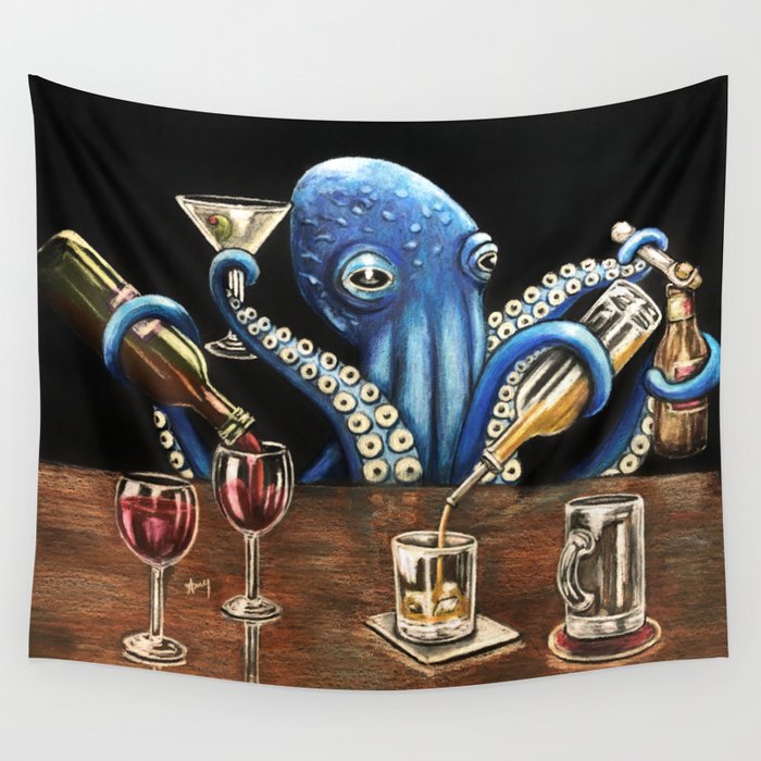 "Octo Bar" - Octopus Bartender Wall Tapestry