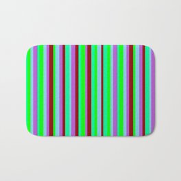 [ Thumbnail: Eye-catching Orchid, Sky Blue, Lime, Green & Dark Red Colored Lined Pattern Bath Mat ]