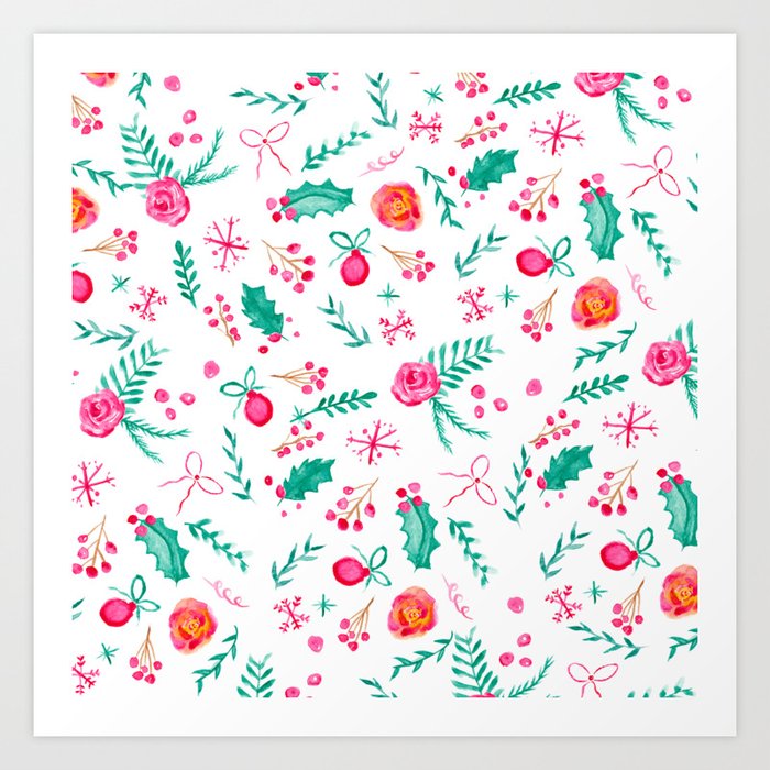 Modern Hand Painted Christmas Red Green Watercolor Floral Pattern Art Print By Girlytrend Society6