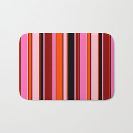 [ Thumbnail: Eye-catching Hot Pink, Black, Red, Dark Red, and Pink Colored Stripes/Lines Pattern Bath Mat ]
