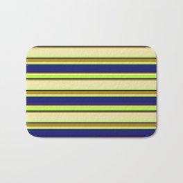 [ Thumbnail: Pale Goldenrod, Light Green, Midnight Blue & Dark Goldenrod Colored Lined/Striped Pattern Bath Mat ]