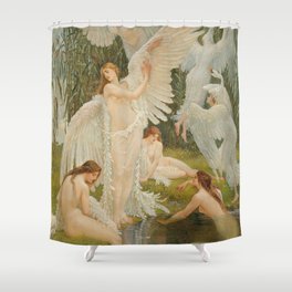 White Swans and the Maidens angelic garden landscape painting by Walter Crane  Shower Curtain