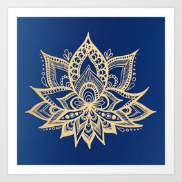 Gold and Blue Lotus Flower Mandala Art Print