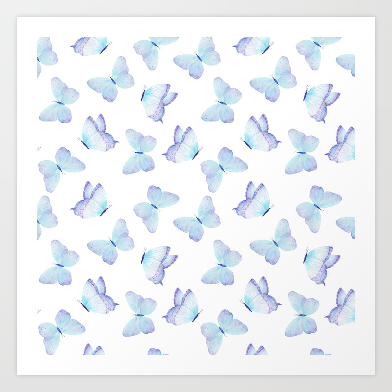 Lilac Aqua Blue Watercolor Hand Painted Butterfly Art Print By