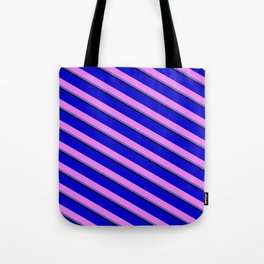 [ Thumbnail: Blue, Violet, Slate Blue, and Black Colored Lines Pattern Tote Bag ]