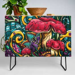 Bright abstract Amanita painting, psychedelic mushroom Credenza