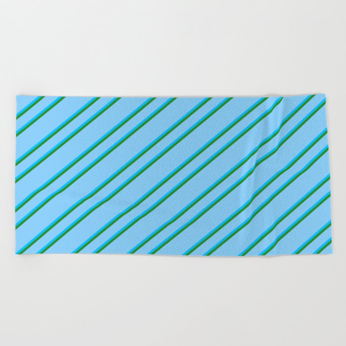 Light Sky Blue, Deep Sky Blue, and Forest Green Colored Striped Pattern Beach Towel