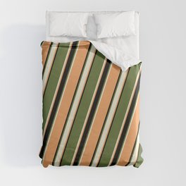 [ Thumbnail: Dark Olive Green, Beige, Brown & Black Colored Pattern of Stripes Duvet Cover ]