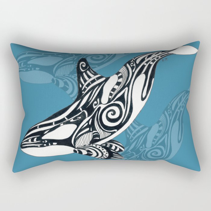 Orca Whale Tribal Ink Blue Black Indigo Art Rectangular Pillow